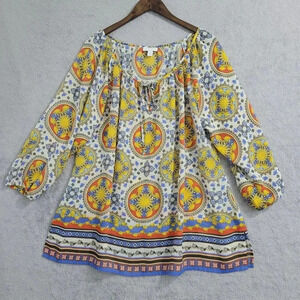 Charter Club Womens 2X Boho Medallion Print Peasant Chiffon Blouse     5PT